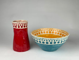 Discontinued expanding dot vase and serving bowl with a flaw